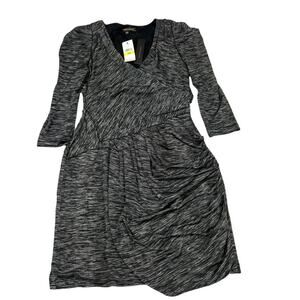 Cynthia Steffe Faux Wrap Dress Heather Black 3/4 Sleeve V-Neck Ruche NEW Women M